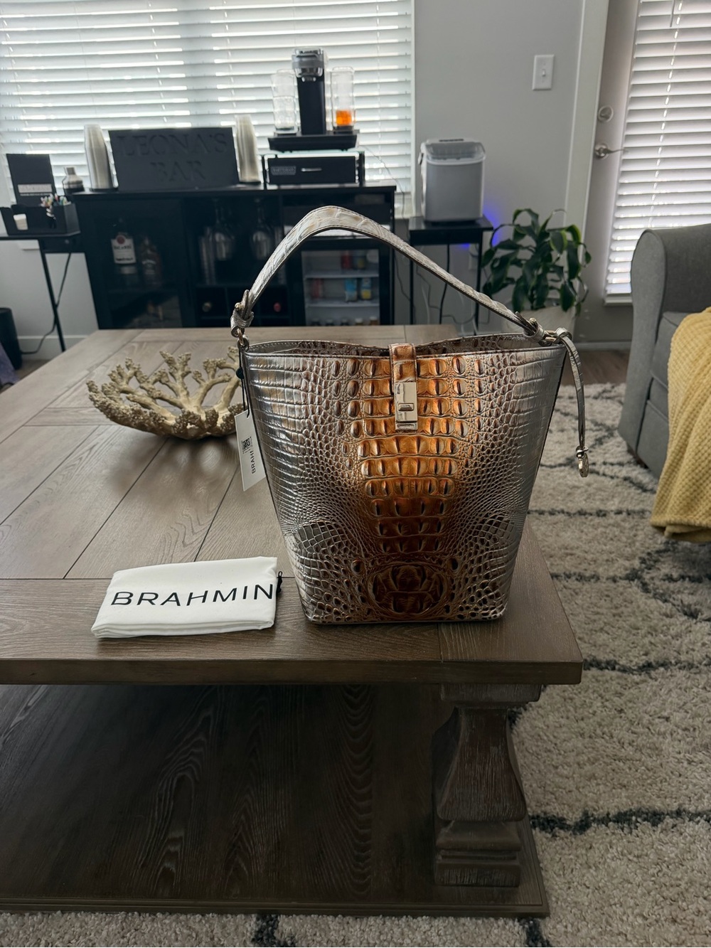 Brahmin Metallic Copper Croc-Embossed Shoulder Bag with Bronze Highlights
